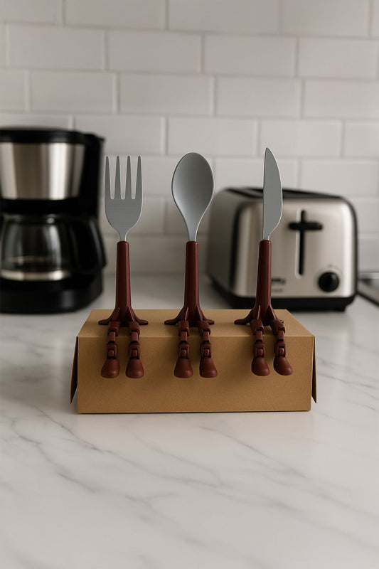 Çatal Kaşık Bıçak Seti – Oturan Figürlü Dekoratif Tasarım (3'lü Set)